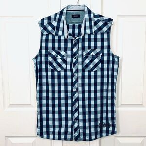 Colin’s Mens Sleeveless Button Down Blue Checkered Plaid Shirt Surfing Bay Large